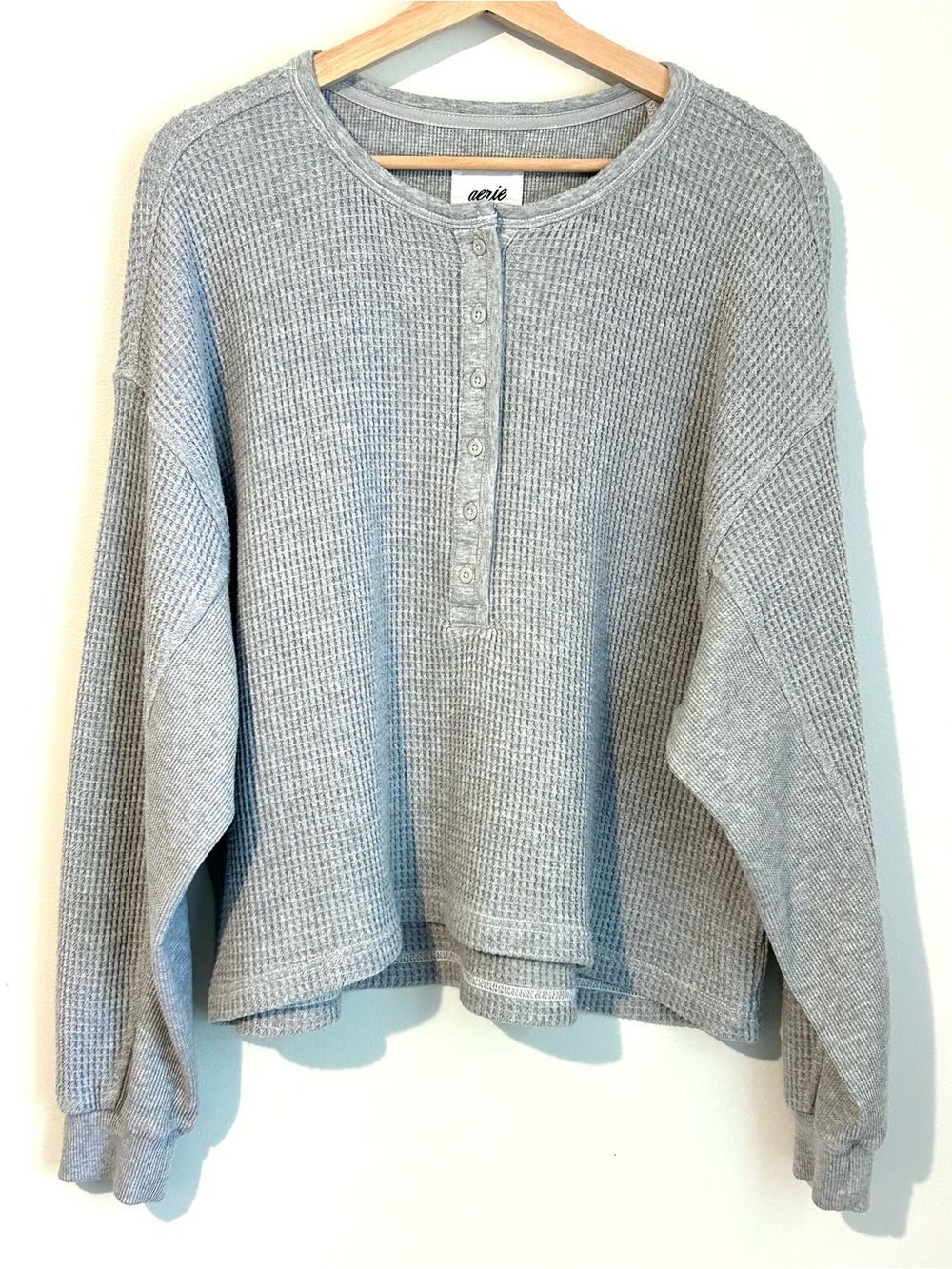 aerie Light Grey Waffle Henley Sweatshirt, Size Large